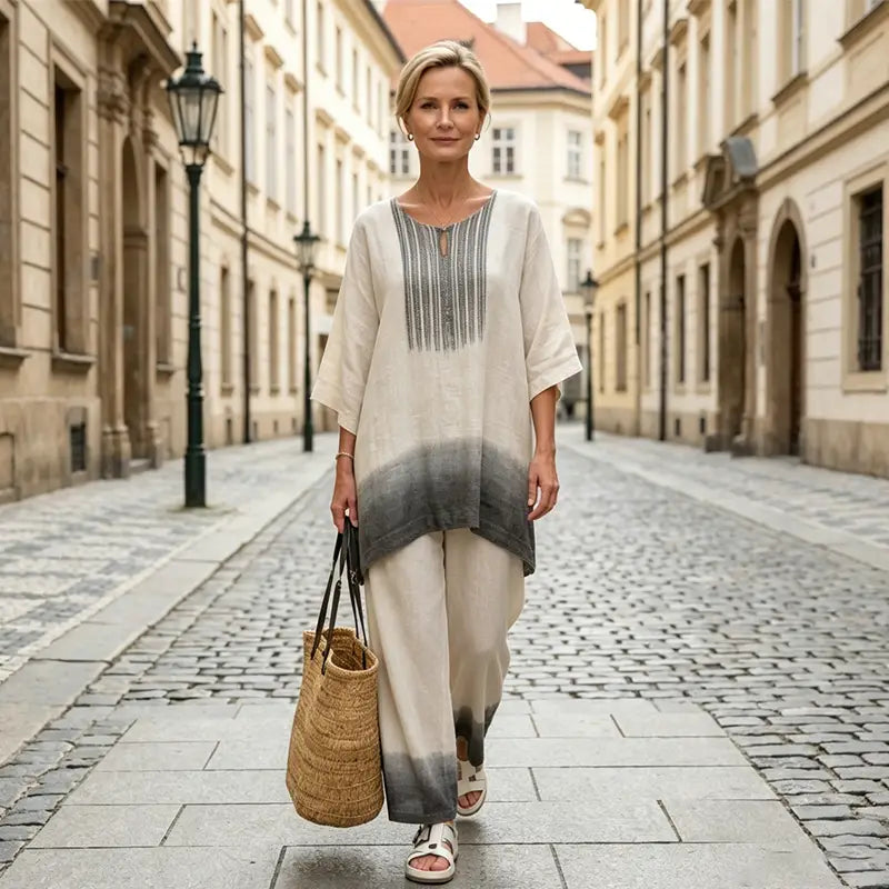 [Top + Pantalones] Traje informal de lino para mujer, la opción perfecta para vacaciones y para el día a día.