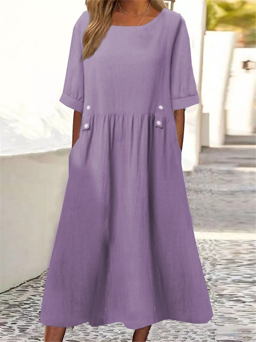 👕【M-3XL】Nuevo vestido de lino y algodón con cuello redondo, transpirable y cómodo, con efecto adelgazante.