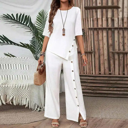 💐【S-5XL】Nuevo conjunto de dos piezas para mujer, bajo irregular, pantalón informal abotonado, corte holgado