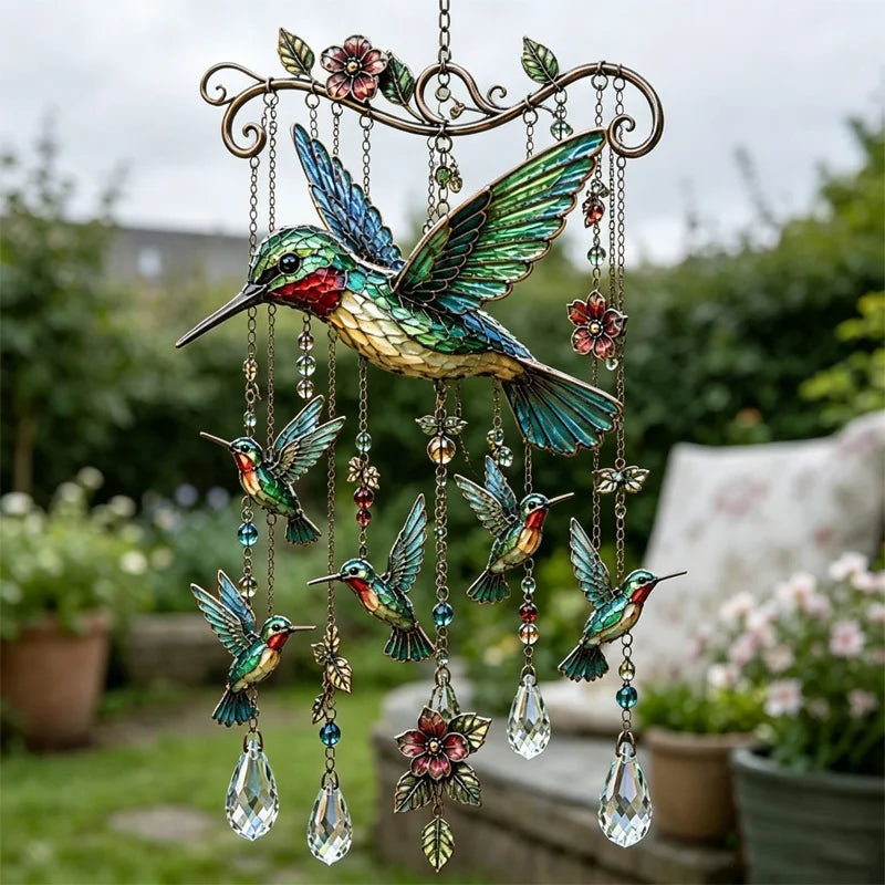 🐦 Křišťálové zvonkohry ozdobené kolibříky a malovanými vzory ve vintage stylu