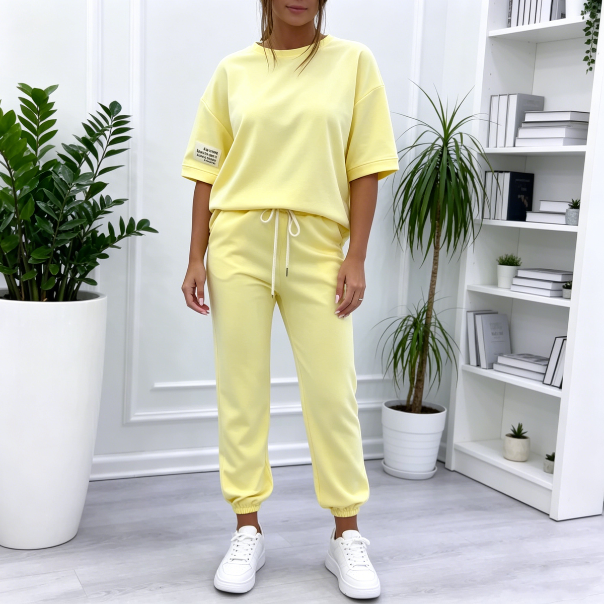 💕【S-5XL】Conjunto casual de verano para mujer de algodón puro, camiseta de color liso y pantalón_4303355