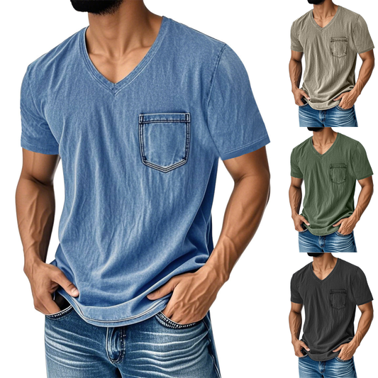 👔 Έκπτωση 50%🔥【40-120 kg】Ανεπίσημο, φαρδύ τζιν μπλουζάκι με V λαιμόκοψη και κοντά μανίκια για άνδρες ✅️Πληρωμή κατά την παράδοση ✅️2 προϊόντα με έκπτωση 70%