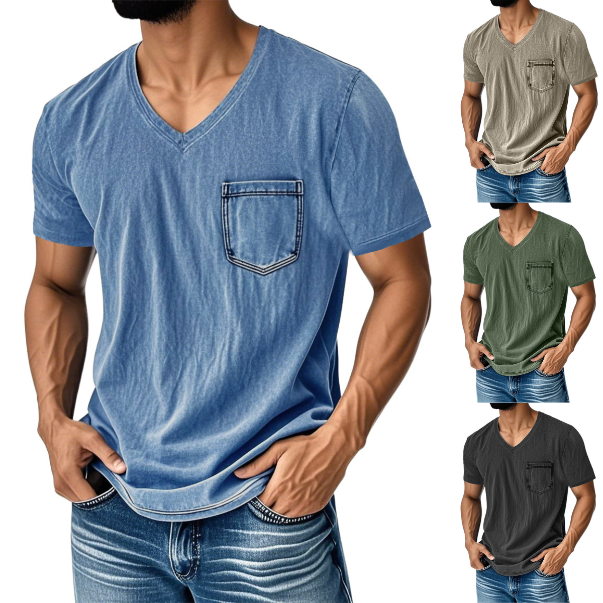 👔 Έκπτωση 50%🔥【40-120 kg】Ανεπίσημο, φαρδύ τζιν μπλουζάκι με V λαιμόκοψη και κοντά μανίκια για άνδρες ✅️Πληρωμή κατά την παράδοση ✅️2 προϊόντα με έκπτωση 70%