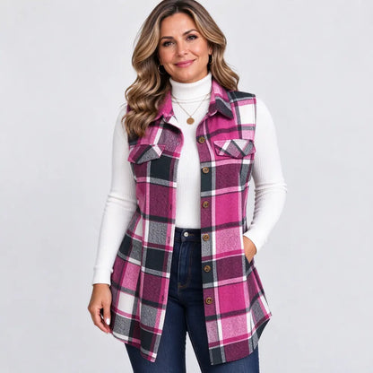 🧥 【S-5XL】Nuevo chaleco sin mangas para mujer: estampado de cuadros, con cuello, largo medio y disponible en tallas grandes