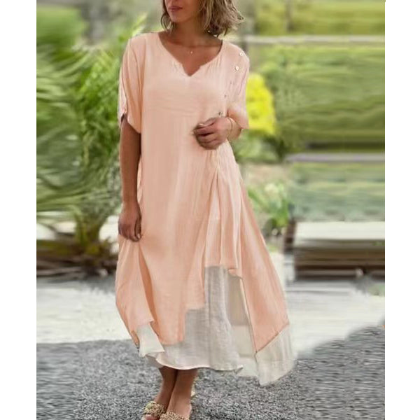 🔥💗【S-4XL】✨Elegantní dvoudílné bavlněné šaty 2 v 1 s výstřihem do V, asymetrickým střihem – Styl 2026 🌟👗