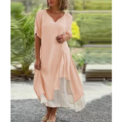 🔥💗【S-4XL】✨Elegantní dvoudílné bavlněné šaty 2 v 1 s výstřihem do V, asymetrickým střihem – Styl 2026 🌟👗