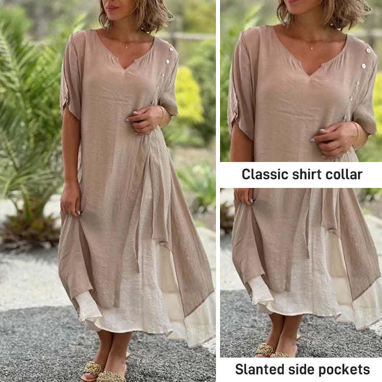 🔥💗【S-4XL】✨Elegantní dvoudílné bavlněné šaty 2 v 1 s výstřihem do V, asymetrickým střihem – Styl 2026 🌟👗