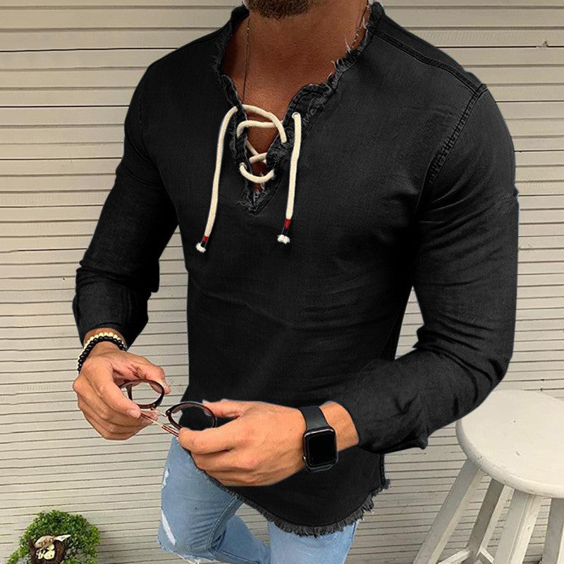 🤠👔【Sleva 50%✨】【S–4XL】Pánské tričko s krátkým rukávem z elastické džínoviny, s dekorativní šňůrkou, dostupné ve větších velikostech