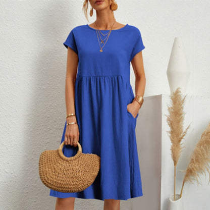 😍【Oferta por tiempo limitado】👗【S-5XL】Vestido de mujer 2026 de algodón y lino, con cuello redondo y corte cómodo