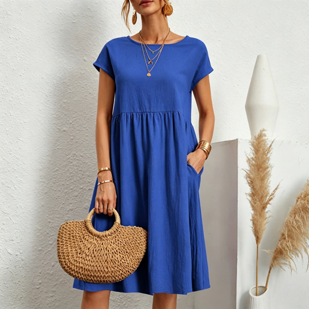 😍【Oferta por tiempo limitado】👗【S-5XL】Vestido de mujer 2026 de algodón y lino, con cuello redondo y corte cómodo