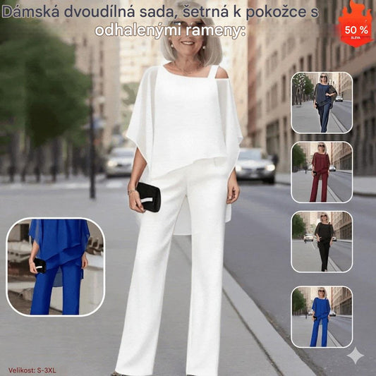 ⏳Časově omezená nabídka⏰【50-120KG】👚👖Dámská dvoudílná sada, šetrná k pokožce s odhalenými rameny✅【Top + kalhoty】
