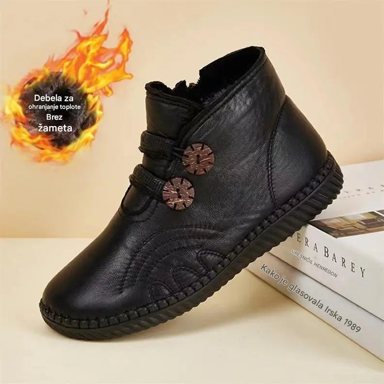 💥【Bestseller!】【Velikosti 35-40】Nové protiskluzové bavlněné zimní ploché kozačky, kotníkové boty, teplé kožené kozačky, bavlněné boty