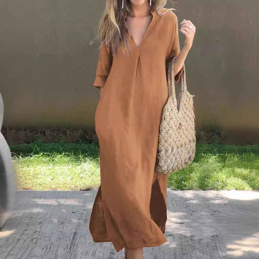 🌿💃 50% de descuento 🔥【40-100 kg】Vestido largo de lino para verano, escote en V, abertura lateral, cómodo ✅️Pago contra entrega