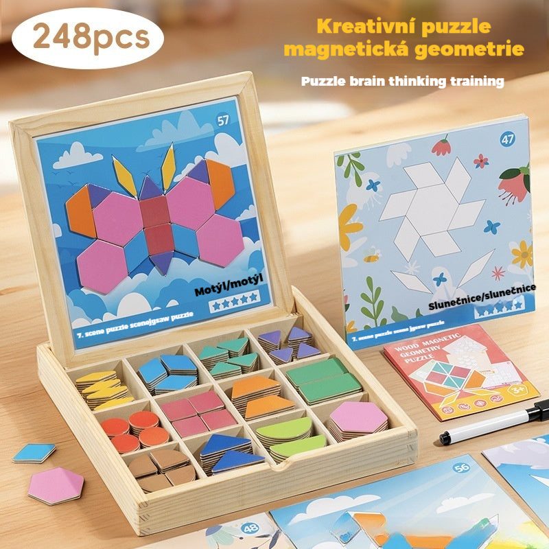 👶🌈🧩【248 dílků】🔥Magnetická dřevěná tangramová puzzle hračka, hračka pro trénink mozku a vzdělávací hračka pro děti, stimuluje myšlení.