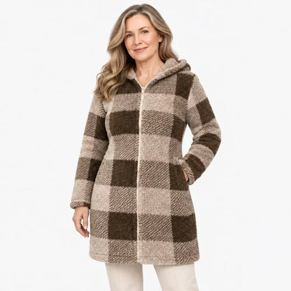 ✨【S–3XL】Dlouhý oboustranný dámský kardigan/kabát se zipem – umělá kožešina a kostkovaný vzor (podzim/zima)