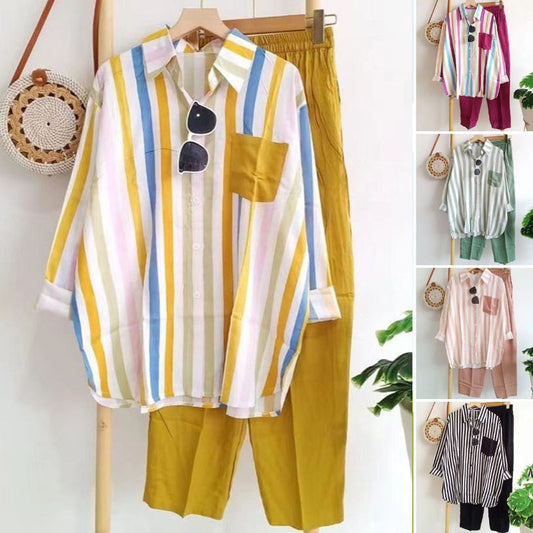 🌸【S-5XL】 Ležérní jarní pruhovaný dvoudílný oblek