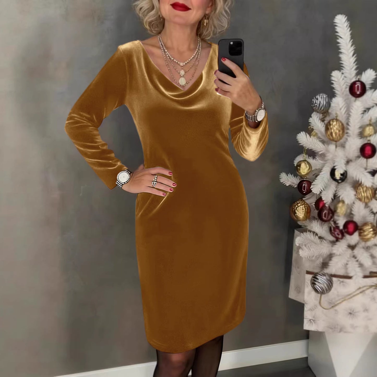 ✨ Sukienka z weluru 2026 | Długie rękawy | Seksuacyjny & Elegancki Styl ✨ - 4202347