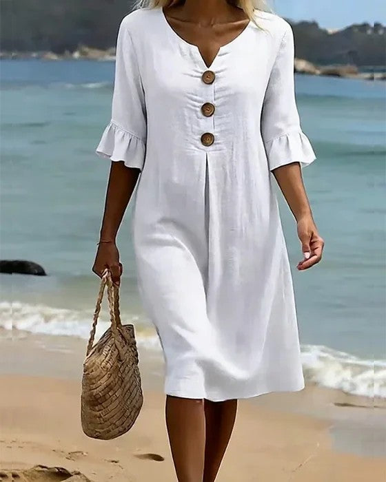 【S-3XL】Vestido de mujer de algodón y lino con mangas abullonadas y botones_4293805