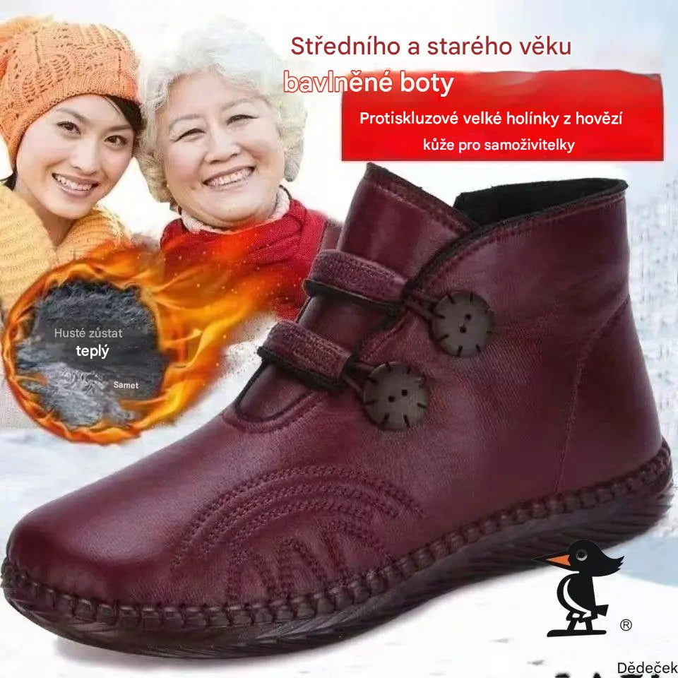 💥【Bestseller!】【Velikosti 35-40】Nové protiskluzové bavlněné zimní ploché kozačky, kotníkové boty, teplé kožené kozačky, bavlněné boty