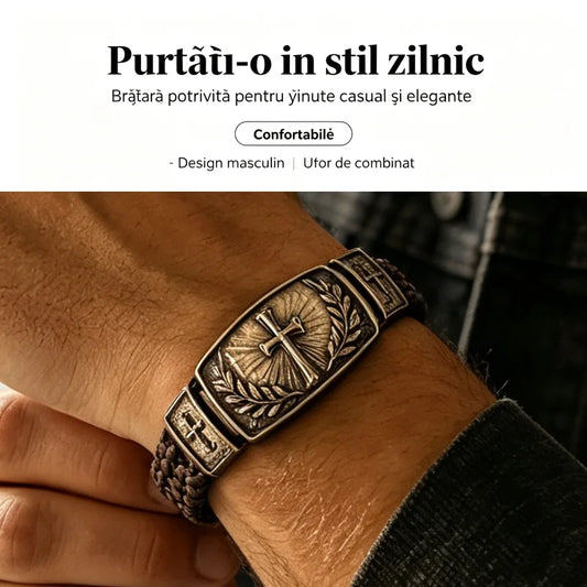 🎁Pulsera de cuero trenzado para hombre con cruz y corona de olivo, metal antiguo vintage, regalo especial
