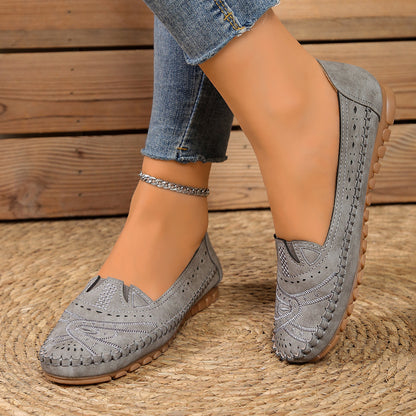 ✨50% de descuento✨【36-43】Zapatos ortopédicos de piel auténtica para mujer, zapatos planos retro sin cordones con estampado floral calado y suela suave para mujer