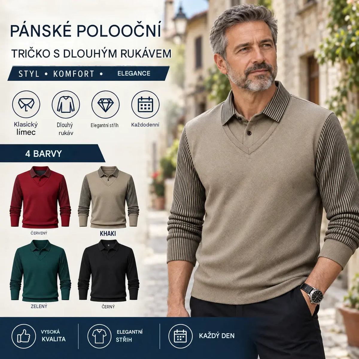 【M–4XL】 Dvoudílné tričko POLO s falešnými patchworkovými pruhy