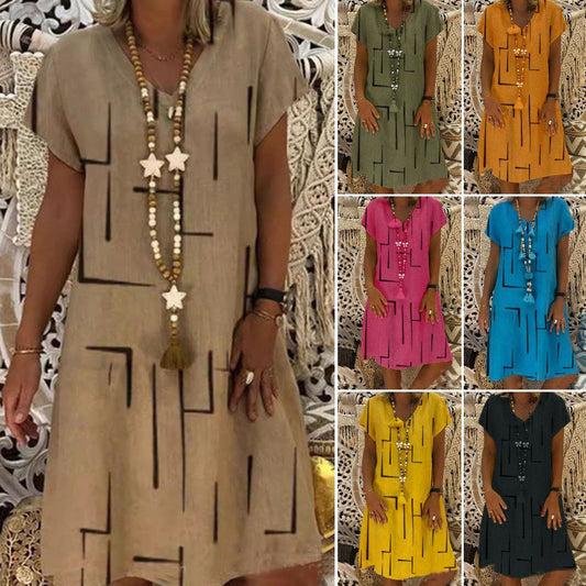 🌲😍Vestido estampado de lino y algodón con cuello en V, color oro puro, 2026 - Oferta