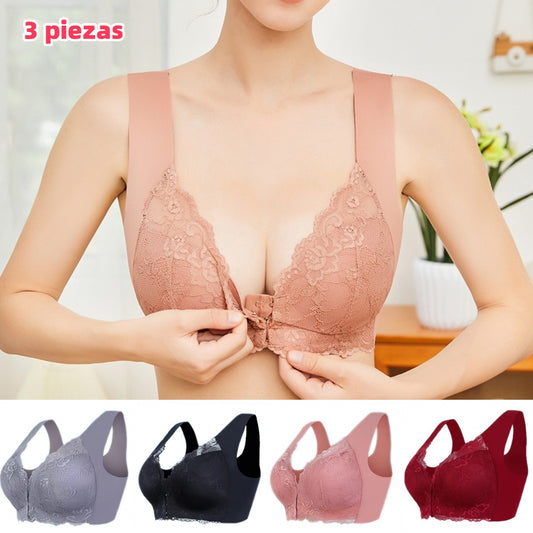 ✨【3 piezas】Sujetador de talla grande con hebilla frontal, sexy, sin aro de acero, ropa interior con espalda hermosa