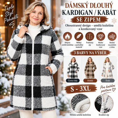 ✨【S–3XL】Dlouhý oboustranný dámský kardigan/kabát se zipem – umělá kožešina a kostkovaný vzor (podzim/zima)