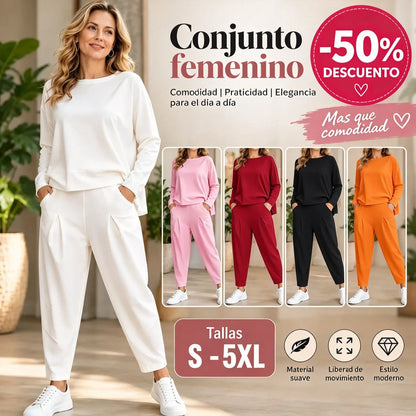 😊【S-5XL】💖Conjunto de dos piezas: blusa de manga larga con cuello redondo y pantalones