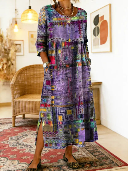 Manuela | Vestido Maxi Bohemio con Estampado de Patchwork Étnico