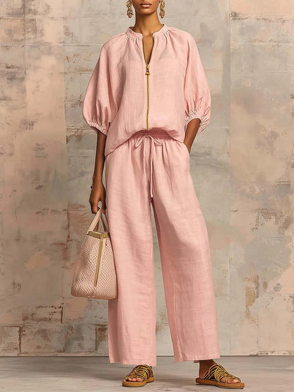 Maribel | Conjunto de lino con mangas murciélago y pantalón ancho