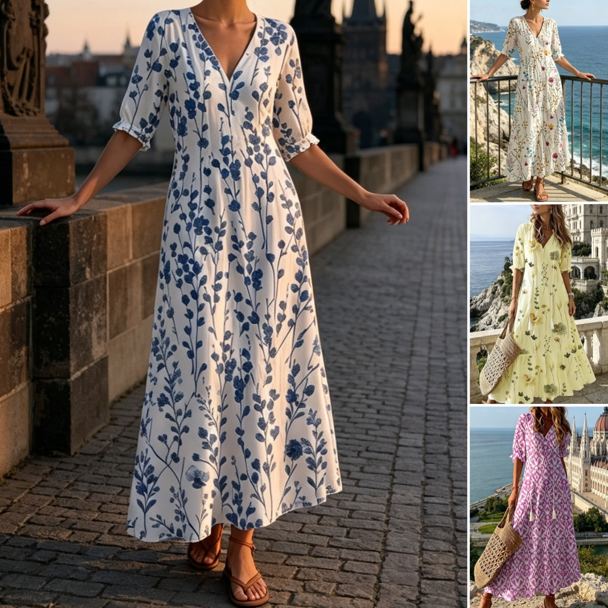 👗【S-3XL】Vestido de verano a la moda, estampado con escote en V, transpirable y cómodo, efecto adelgazante