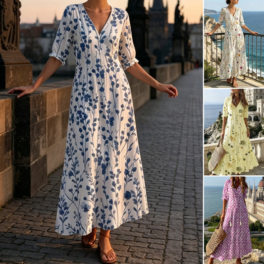 👗【S-3XL】Vestido de verano a la moda, estampado con escote en V, transpirable y cómodo, efecto adelgazante