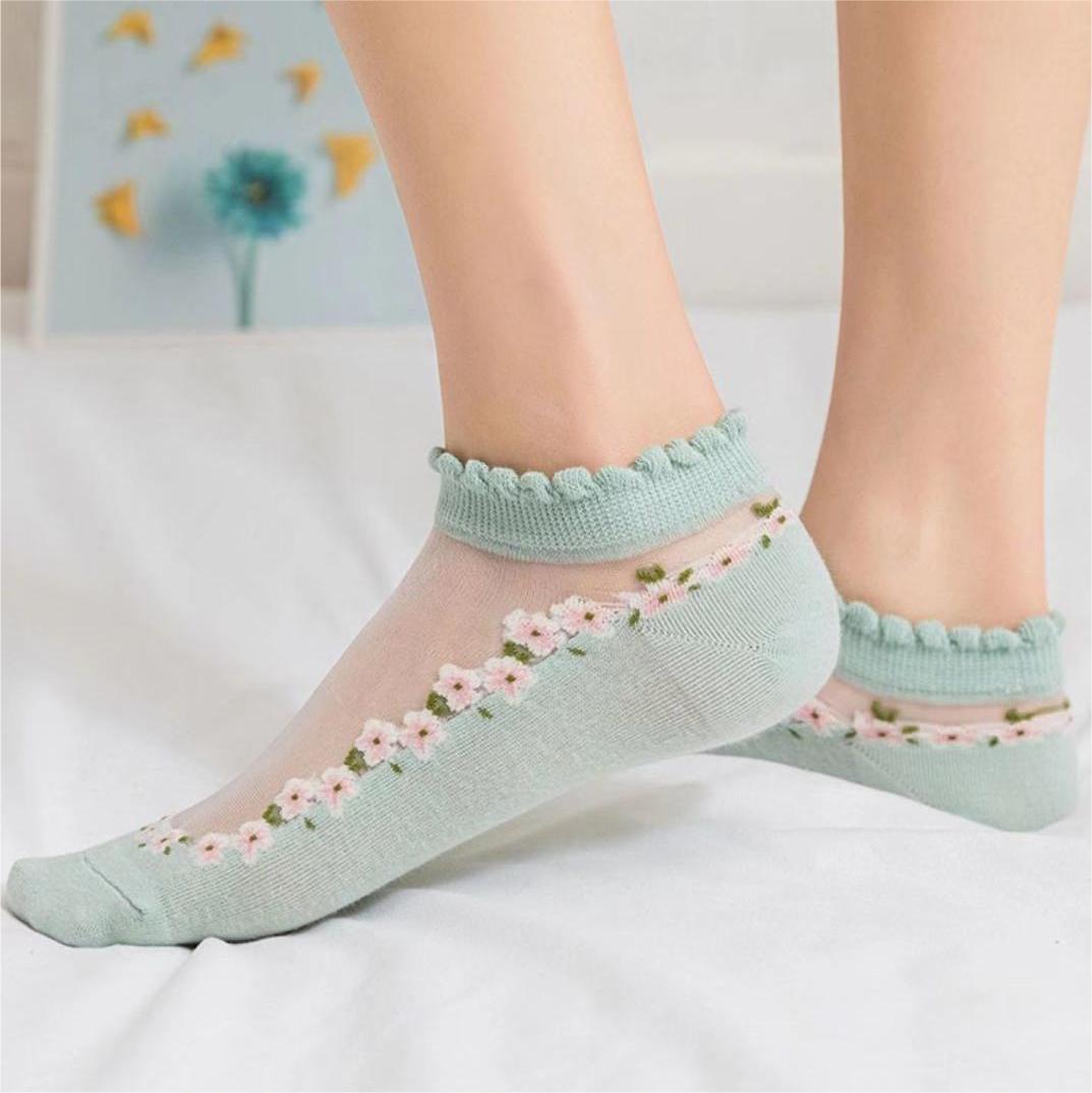 🔥10 pares de calcetines finos de encaje transpirables con estampado floral.