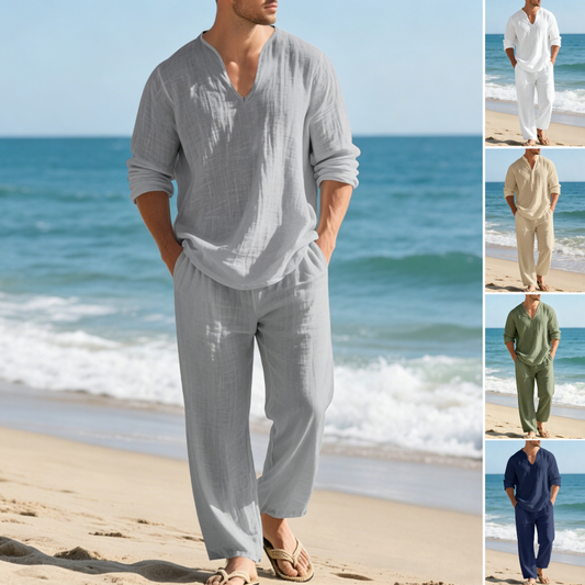 🌴 50% de descuento🔥【Top + Pantalones】Traje casual de lino para hombre con corte holgado y cuello en V para la playa. ✅️Pago contra entrega ✅️2 artículos con un 70% de descuento