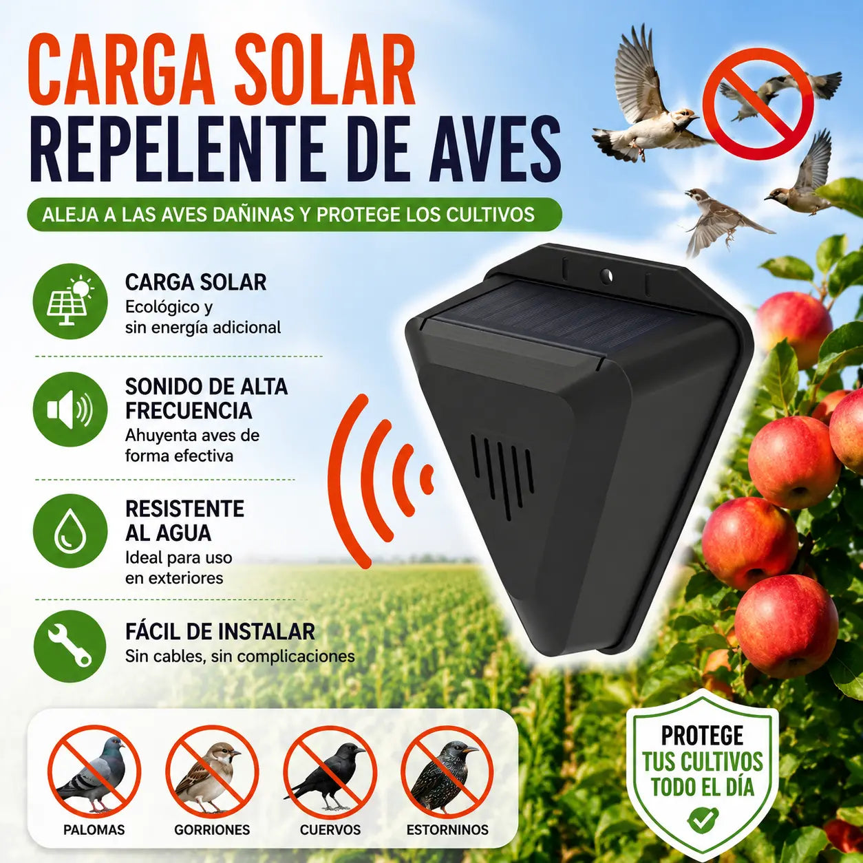 🔥📣Dispositivo de alarma solar con sonido y luz para pájaros, ideal para huertos, estanques de peces, arrozales