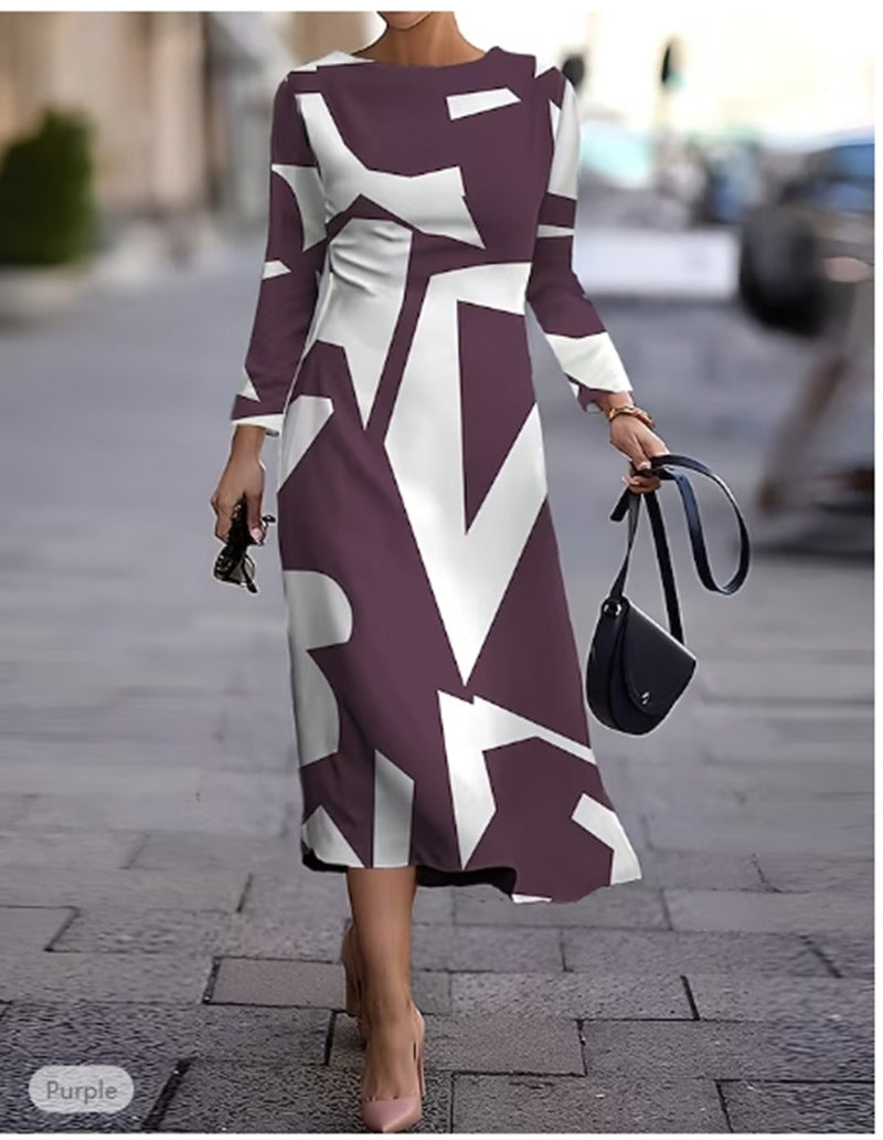 Nowa geometryczna sukienka z długim rękawem na jesień i zimę-4172795