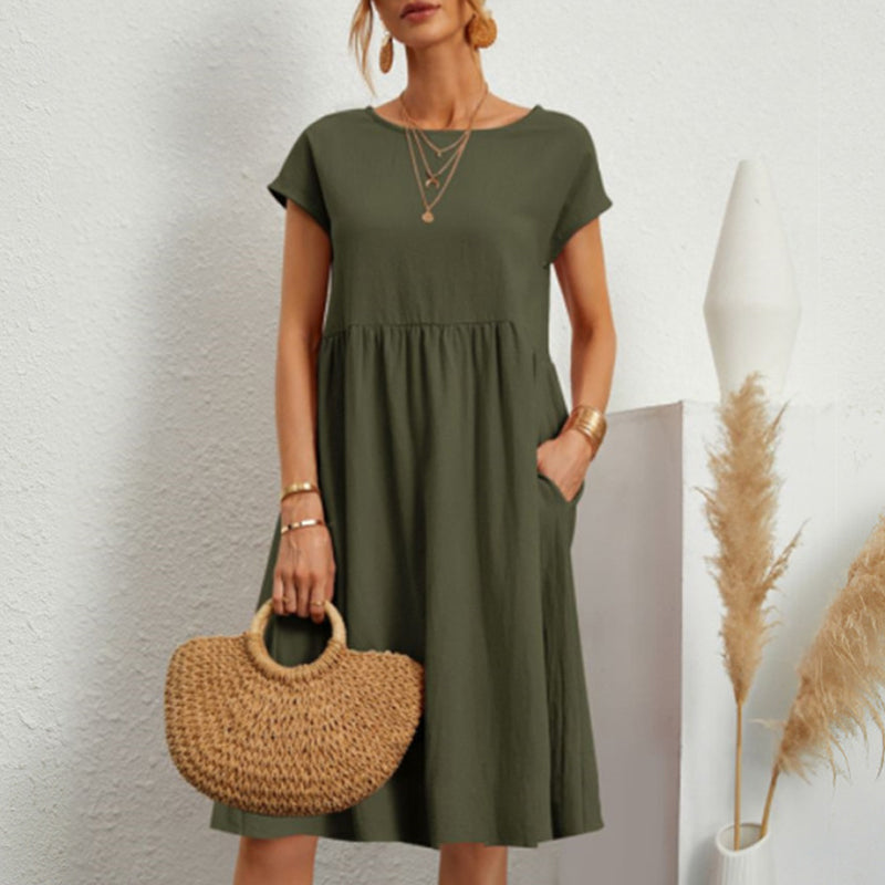😍【Oferta por tiempo limitado】👗【S-5XL】Vestido de mujer 2026 de algodón y lino, con cuello redondo y corte cómodo