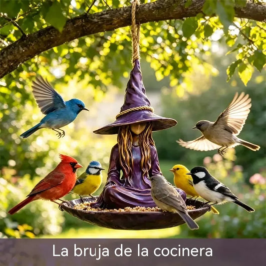 Comedero colgante para pájaros "Bruja meditando", decoración creativa y mágica para jardín, patio y terraza, material duradero.