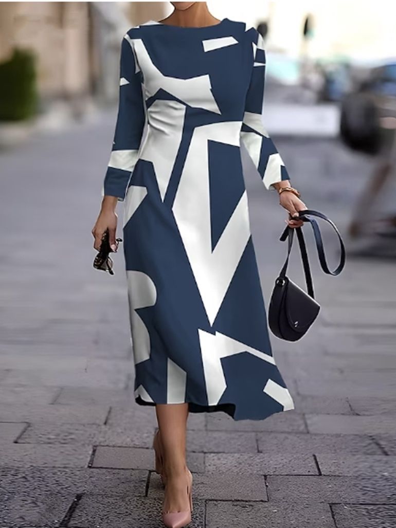Nowa geometryczna sukienka z długim rękawem na jesień i zimę-4172795