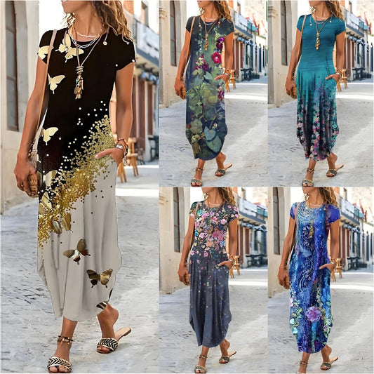 🌸【S-3XL】Nové jarní 2025 dámské stylové elegantní dlouhé šaty s potiskem-3943486