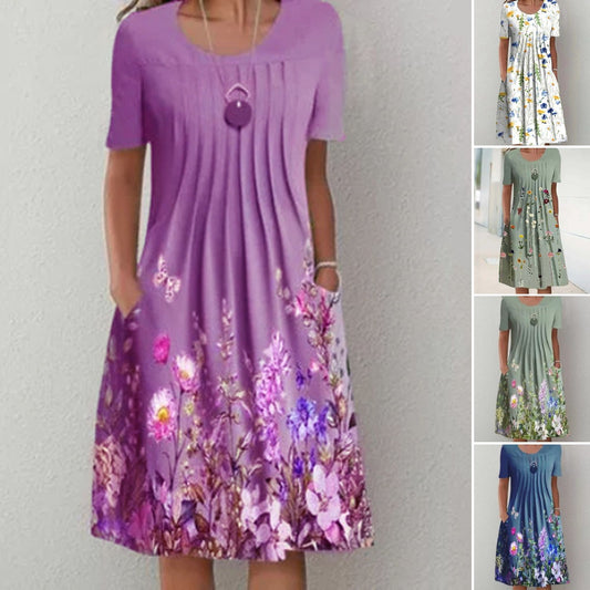 🔥【45 OFF%】🌸🦋Nové dámské šaty s kulatým výstřihem a potiskem（S-3XL）.