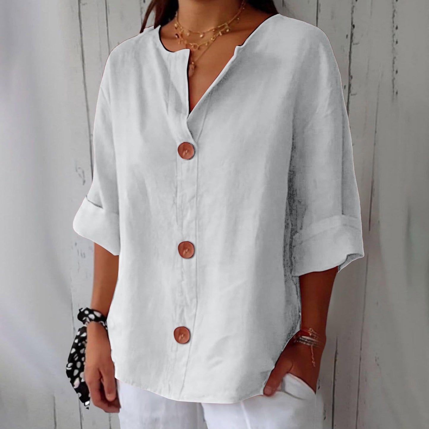 🔥【Descuento por tiempo limitado】【S-5XL】🔥Novedad para primavera/verano 2026: Camiseta holgada - Top de cuello en V de algodón y lino para mujer