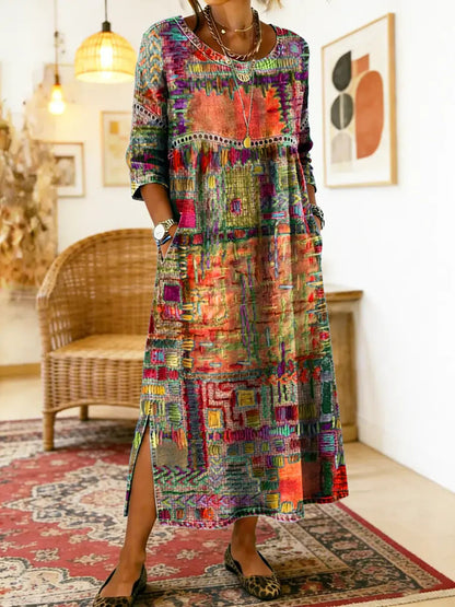 Manuela | Vestido Maxi Bohemio con Estampado de Patchwork Étnico