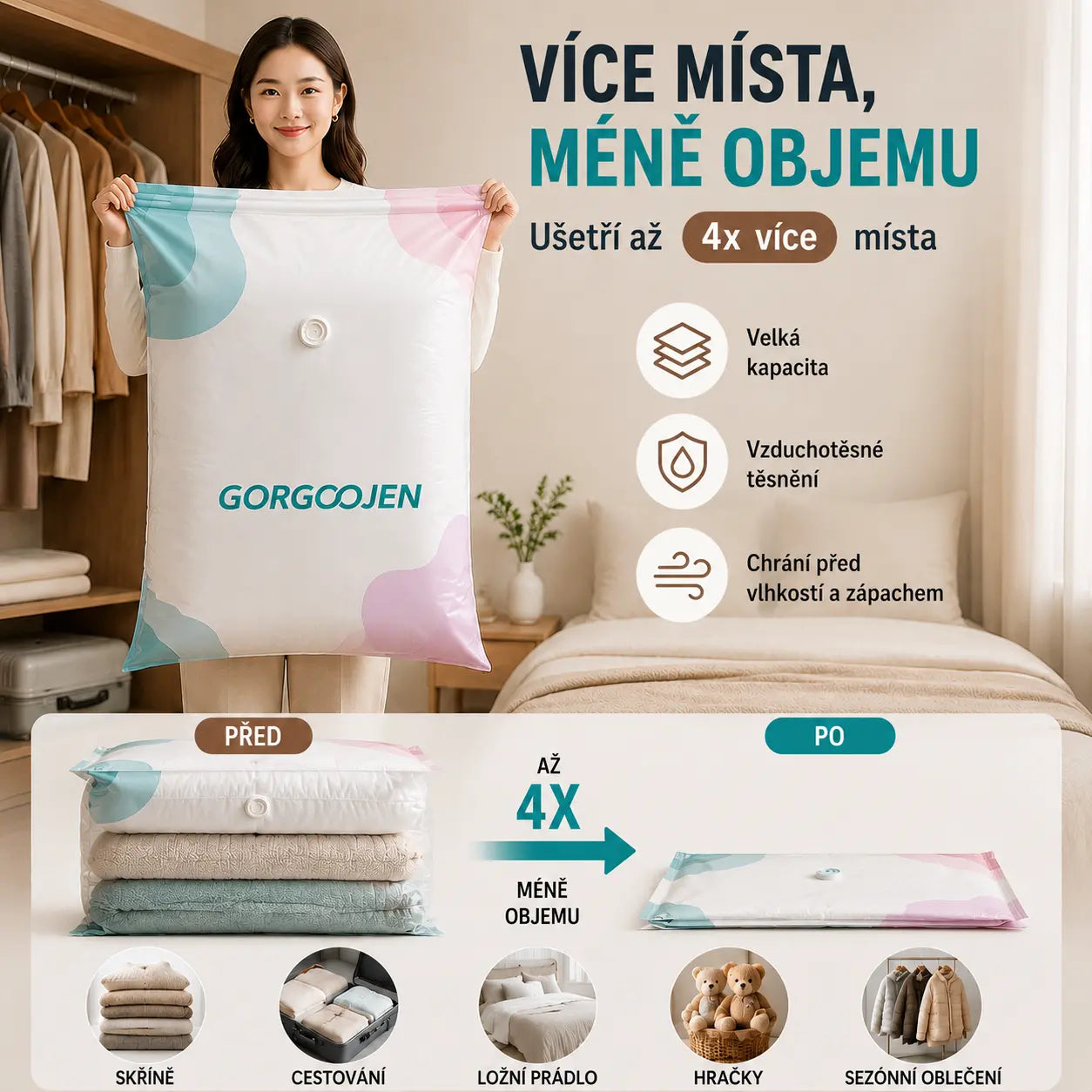 🧳 5 kusy 620 Kč 💨 Velký, stlačitelný vakuový úložný sáček: není potřeba pumpička, nepropustný a ideální pro úsporu místa v kufrech i doma ✈️