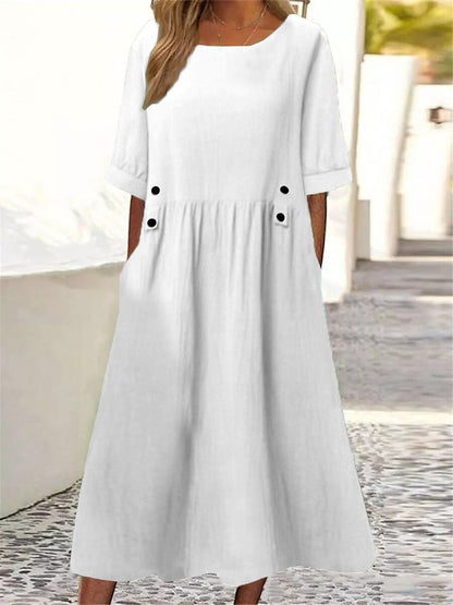 👕【M-3XL】Nuevo vestido de lino y algodón con cuello redondo, transpirable y cómodo, con efecto adelgazante.