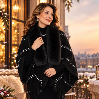Poncho de Punto con Cuello de Piel y Borlas 🧣 Elegante Chal Abrigado para Mujer Otoño Invierno ❄️ Suéter Holgado Versátil que Estiliza la Silueta ✨