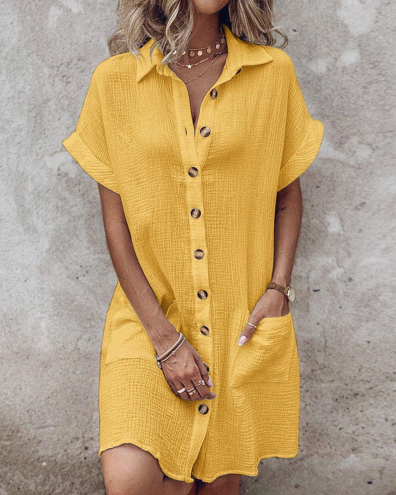【S-2XL】2026 Vestido suelto de lino y algodón de manga corta y largo medio con botones