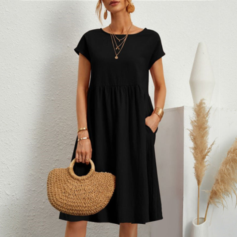 😍【Oferta por tiempo limitado】👗【S-5XL】Vestido de mujer 2026 de algodón y lino, con cuello redondo y corte cómodo